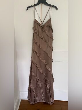 Show Me Your MuMu Taupe Ruffle Slip Dress